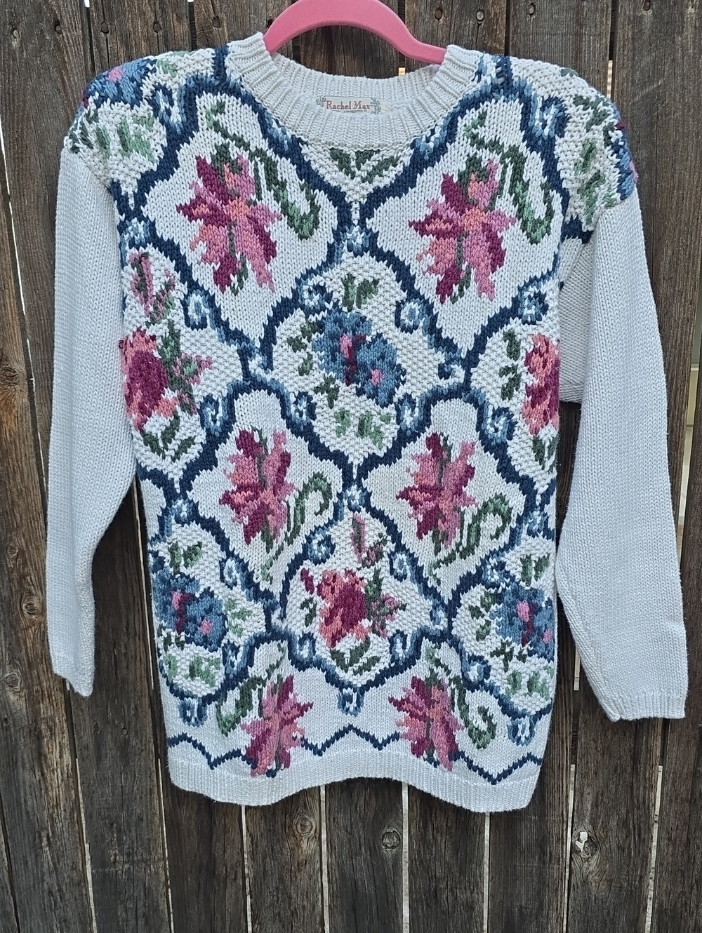 Vintage Rachel Max Floral Knit Sweater - Cream with Pink Blue Cottagecore Granny